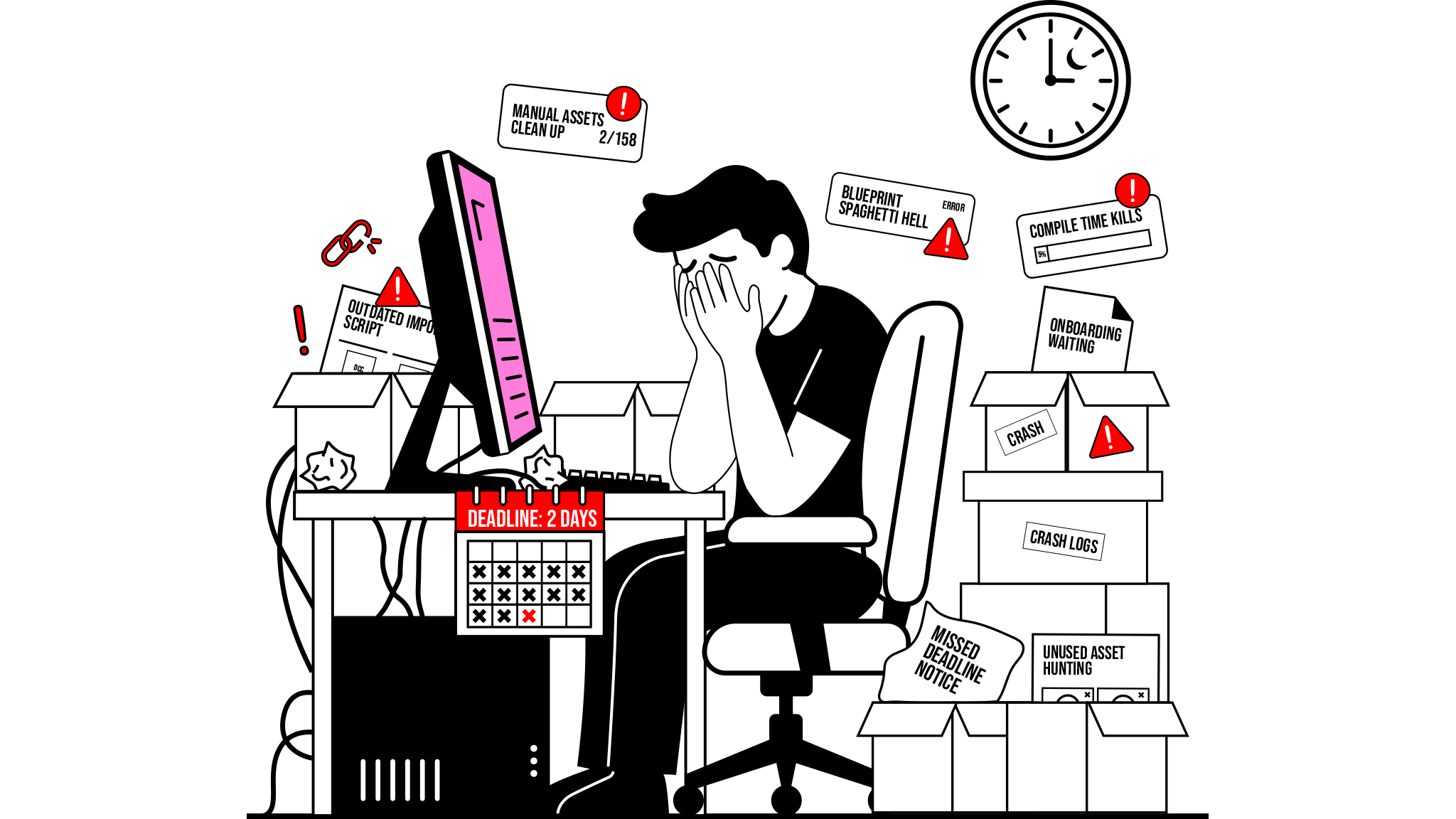 Stressed developer at desk with errors and deadline pressure